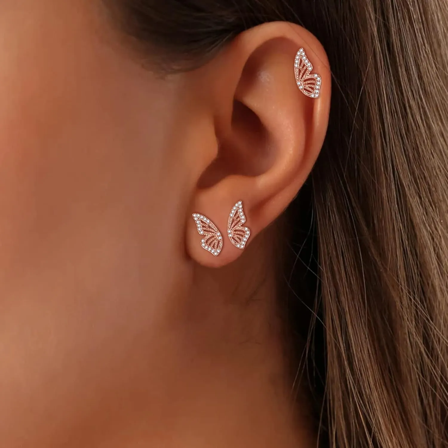 Luxval Butterfly Wing Earrings18K Gold Plated CZ Simulated Diamond Silver Stud Earrings, Tiny Butterfly Cartilage Earrings for women,Gold Stud Earrings for Girls