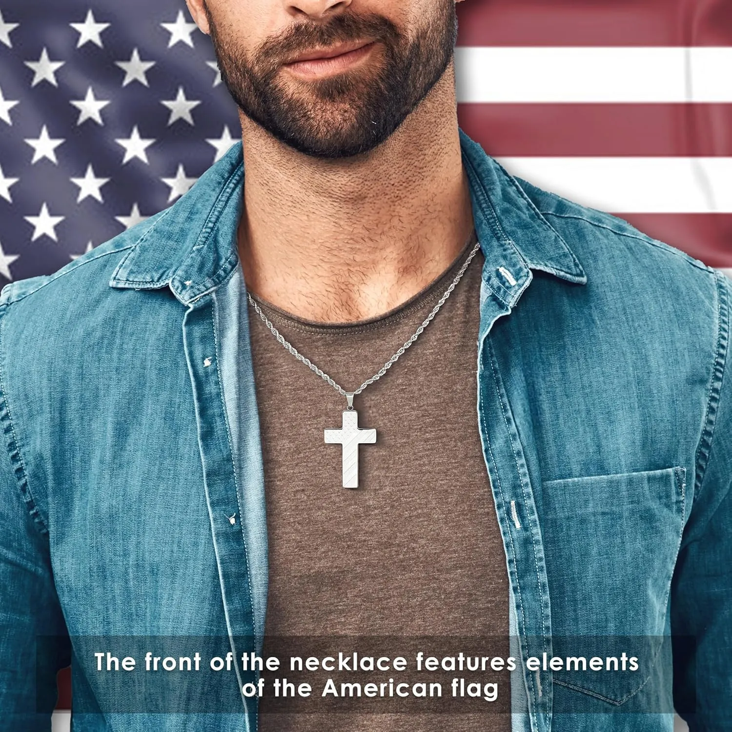 M MOOHAM Cross Necklace for Men - 2PCS Silver Black Cross Chain Stainless Steel Pendant American Flag Necklaces for Men Bible Verse Religious Jewelry Christian Confirmation Gifts