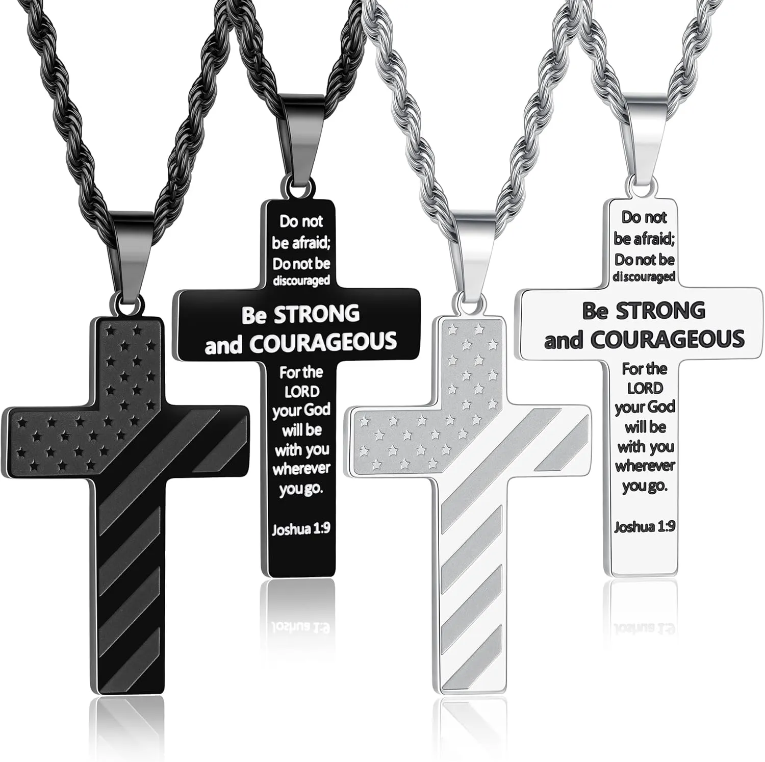 M MOOHAM Cross Necklace for Men - 2PCS Silver Black Cross Chain Stainless Steel Pendant American Flag Necklaces for Men Bible Verse Religious Jewelry Christian Confirmation Gifts