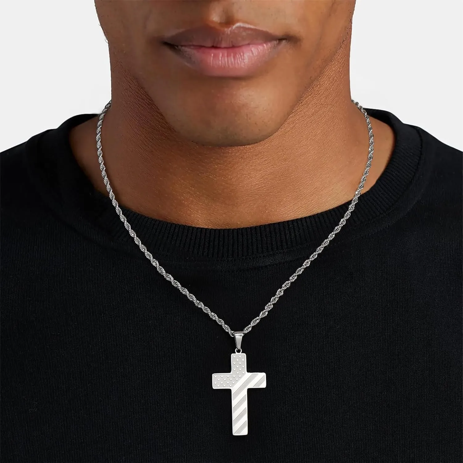M MOOHAM Cross Necklace for Men - 2PCS Silver Black Cross Chain Stainless Steel Pendant American Flag Necklaces for Men Bible Verse Religious Jewelry Christian Confirmation Gifts