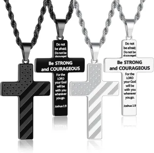 M MOOHAM Cross Necklace for Men - 2PCS Silver Black Cross Chain Stainless Steel Pendant American Flag Necklaces for Men Bible Verse Religious Jewelry Christian Confirmation Gifts
