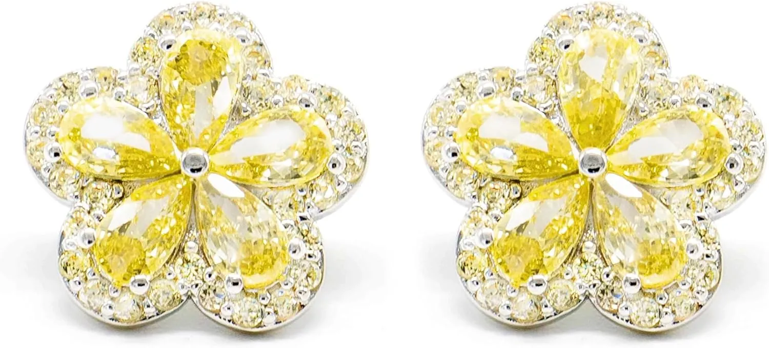 Maison Noubeaute Yellow Melissa Flower Earrings - Floral Design, Platinum/Rose Gold Plated Brass Studs with Sparkling Cubic Zirconia, 14mm Delicate Hypoallergenic Jewelry, Made in Korea, Elegant Gift for Women