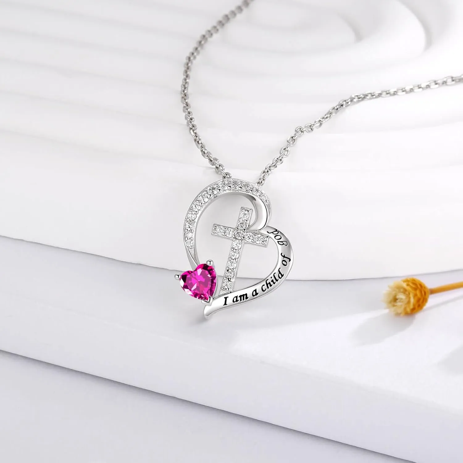 MANBU Sterling Silver Cross Necklace for Girls: Heart Birthstone I am a Child of God Pendant Religious Jewelry Baptism First Communion Confirmation Gifts for Teens