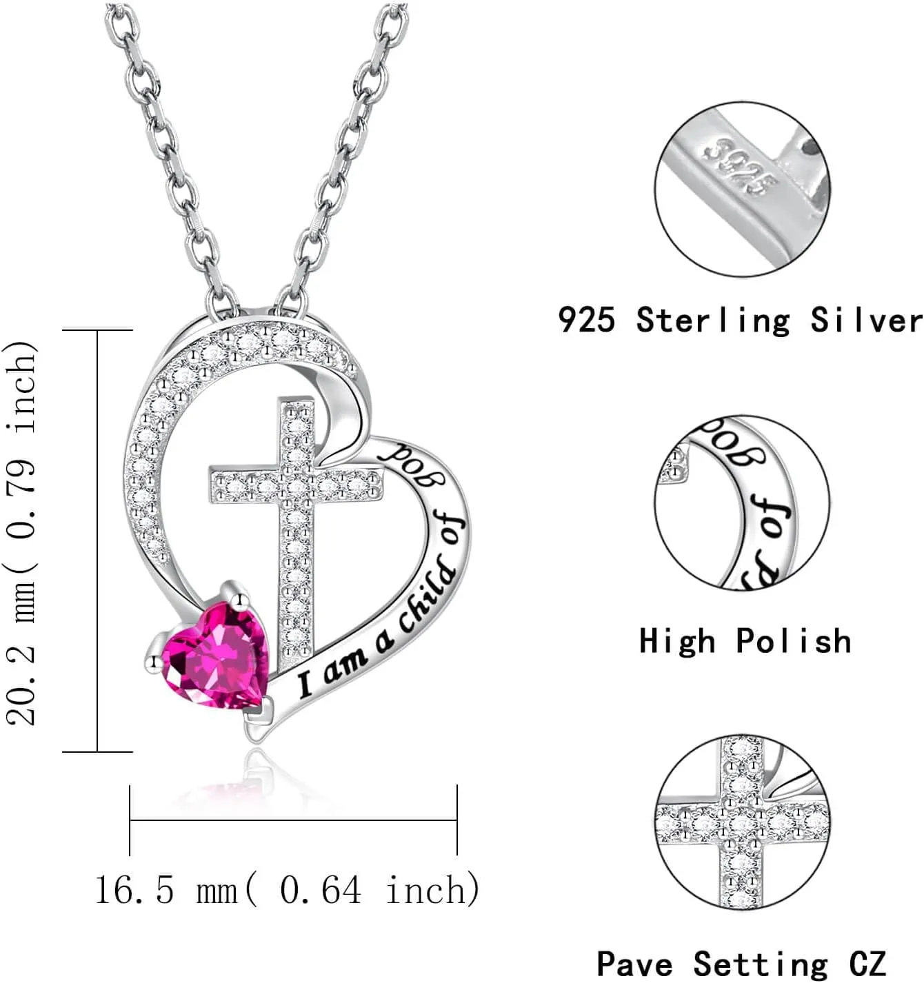MANBU Sterling Silver Cross Necklace for Girls: Heart Birthstone I am a Child of God Pendant Religious Jewelry Baptism First Communion Confirmation Gifts for Teens