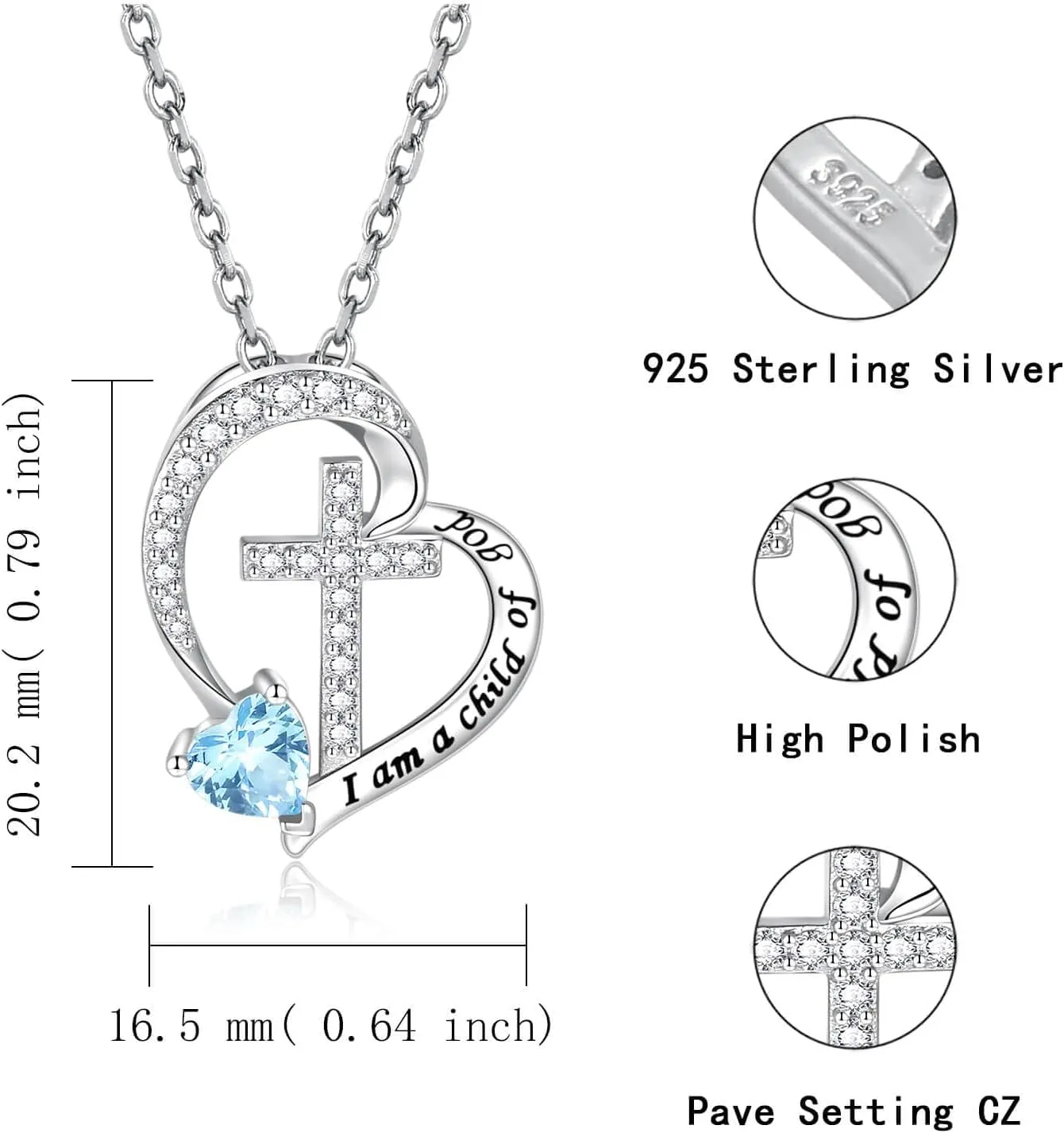 MANBU Sterling Silver Cross Necklace for Girls: Heart Birthstone I am a Child of God Pendant Religious Jewelry Baptism First Communion Confirmation Gifts for Teens