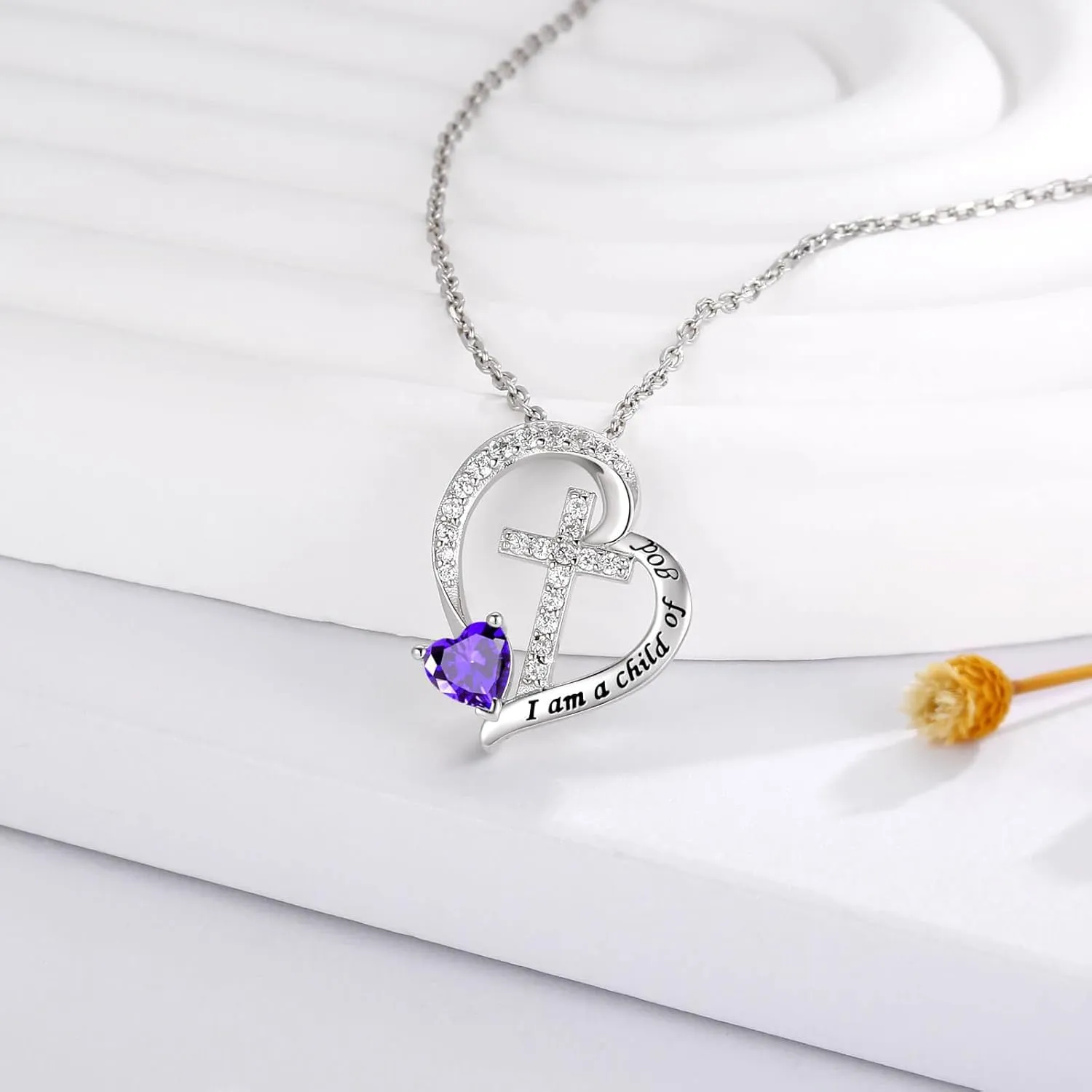 MANBU Sterling Silver Cross Necklace for Girls: Heart Birthstone I am a Child of God Pendant Religious Jewelry Baptism First Communion Confirmation Gifts for Teens