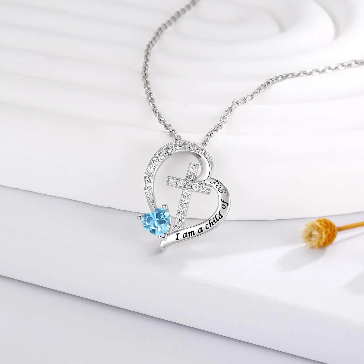MANBU Sterling Silver Cross Necklace for Girls: Heart Birthstone I am a Child of God Pendant Religious Jewelry Baptism First Communion Confirmation Gifts for Teens