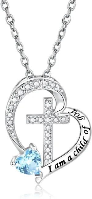 MANBU Sterling Silver Cross Necklace for Girls: Heart Birthstone I am a Child of God Pendant Religious Jewelry Baptism First Communion Confirmation Gifts for Teens