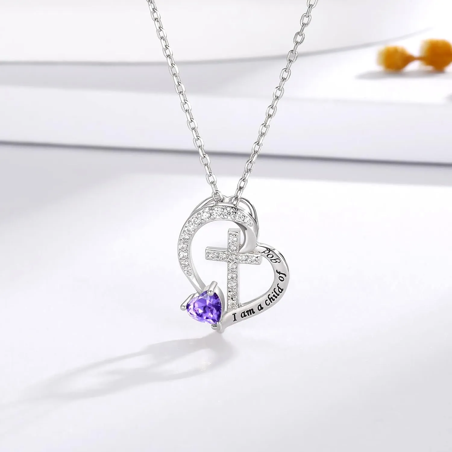 MANBU Sterling Silver Cross Necklace for Girls: Heart Birthstone I am a Child of God Pendant Religious Jewelry Baptism First Communion Confirmation Gifts for Teens