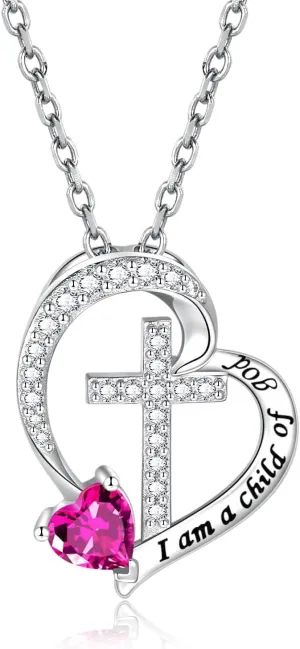 MANBU Sterling Silver Cross Necklace for Girls: Heart Birthstone I am a Child of God Pendant Religious Jewelry Baptism First Communion Confirmation Gifts for Teens