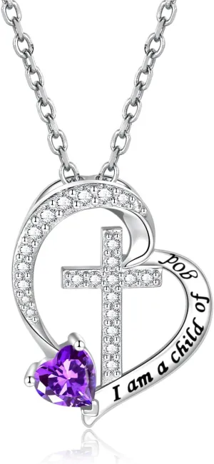 MANBU Sterling Silver Cross Necklace for Girls: Heart Birthstone I am a Child of God Pendant Religious Jewelry Baptism First Communion Confirmation Gifts for Teens