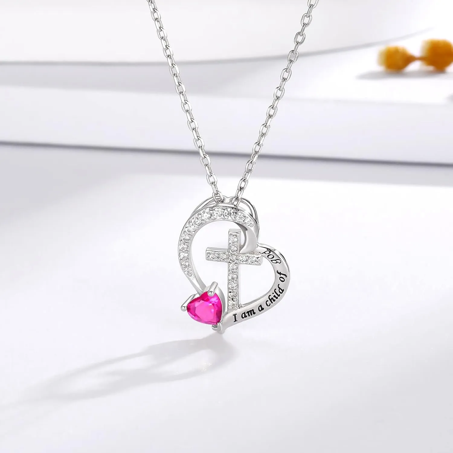 MANBU Sterling Silver Cross Necklace for Girls: Heart Birthstone I am a Child of God Pendant Religious Jewelry Baptism First Communion Confirmation Gifts for Teens