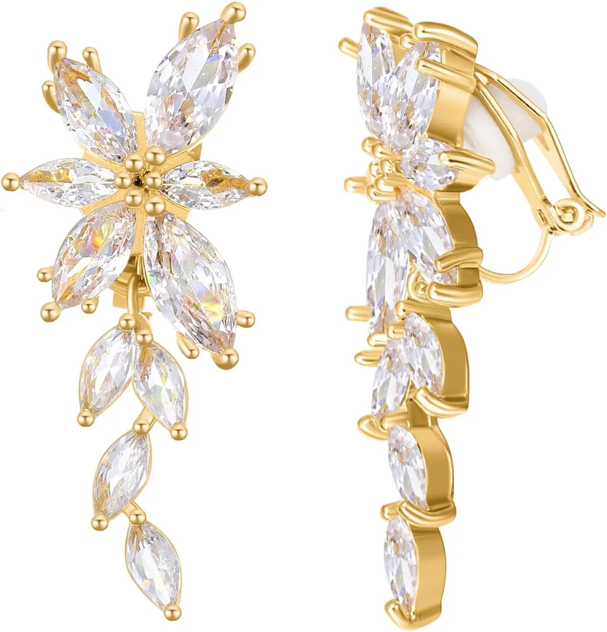 Marquise Cubic Zirconia Bridal Clip On Earrings, Non Pierced Wedding Earrings for Brides Bridesmaids
