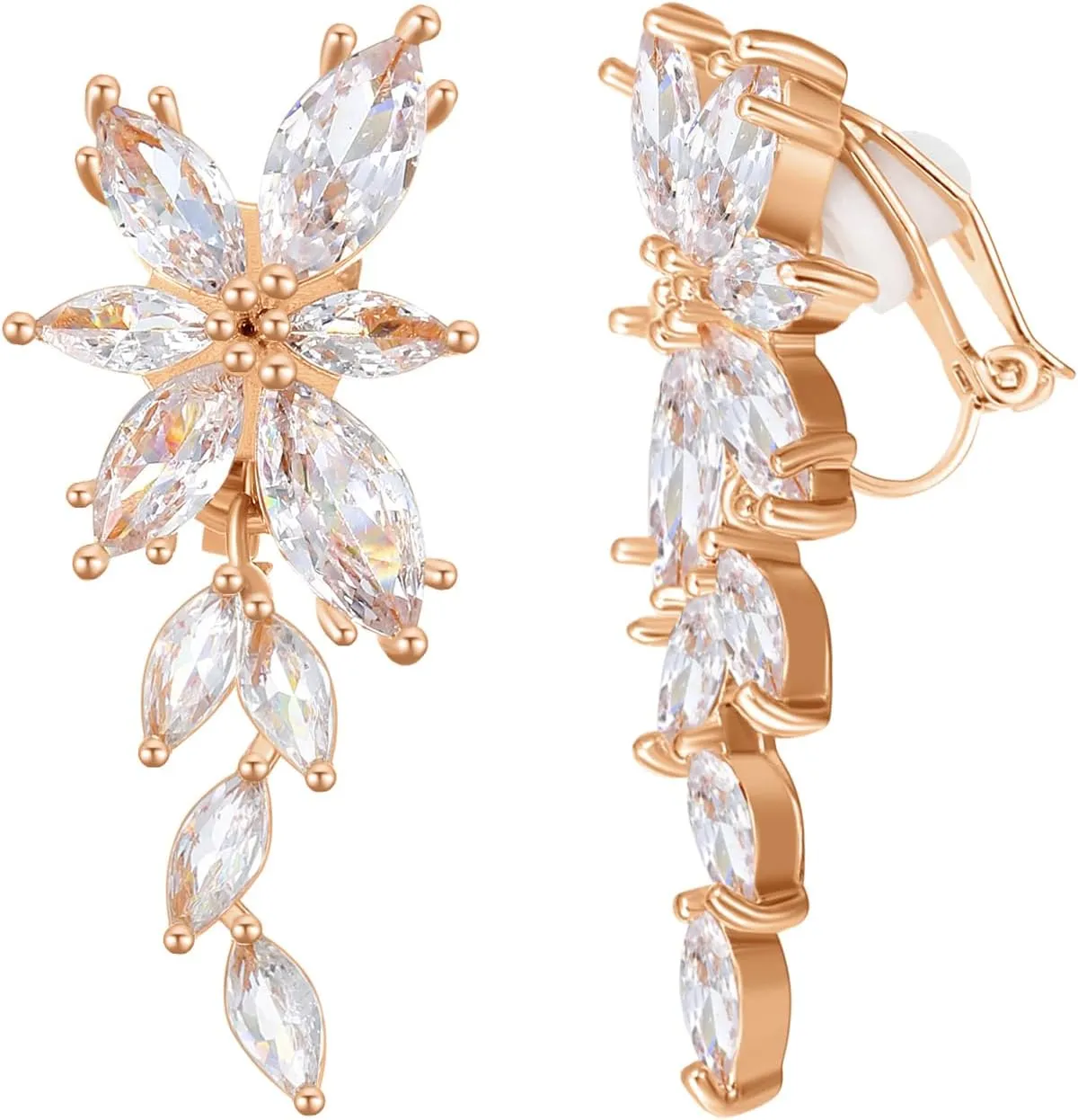 Marquise Cubic Zirconia Bridal Clip On Earrings, Non Pierced Wedding Earrings for Brides Bridesmaids