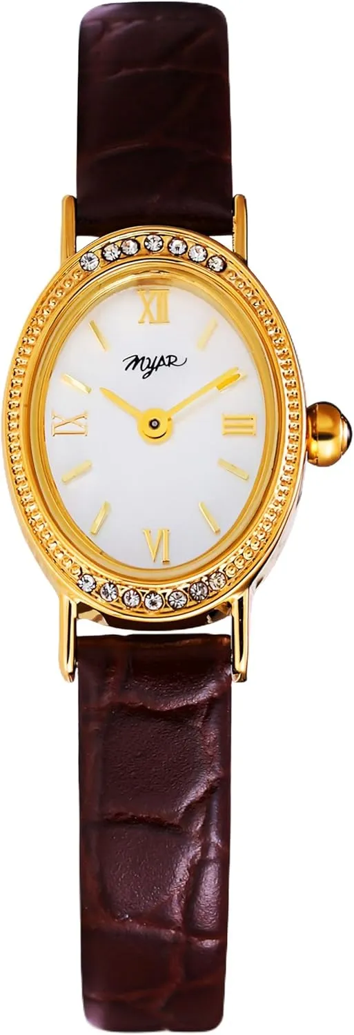 MASTOP Vintage Watches for Women  Dainty Oval Analog Wrist Watch with Gold Case, Leather Band, Small Dress Watch for Ladies