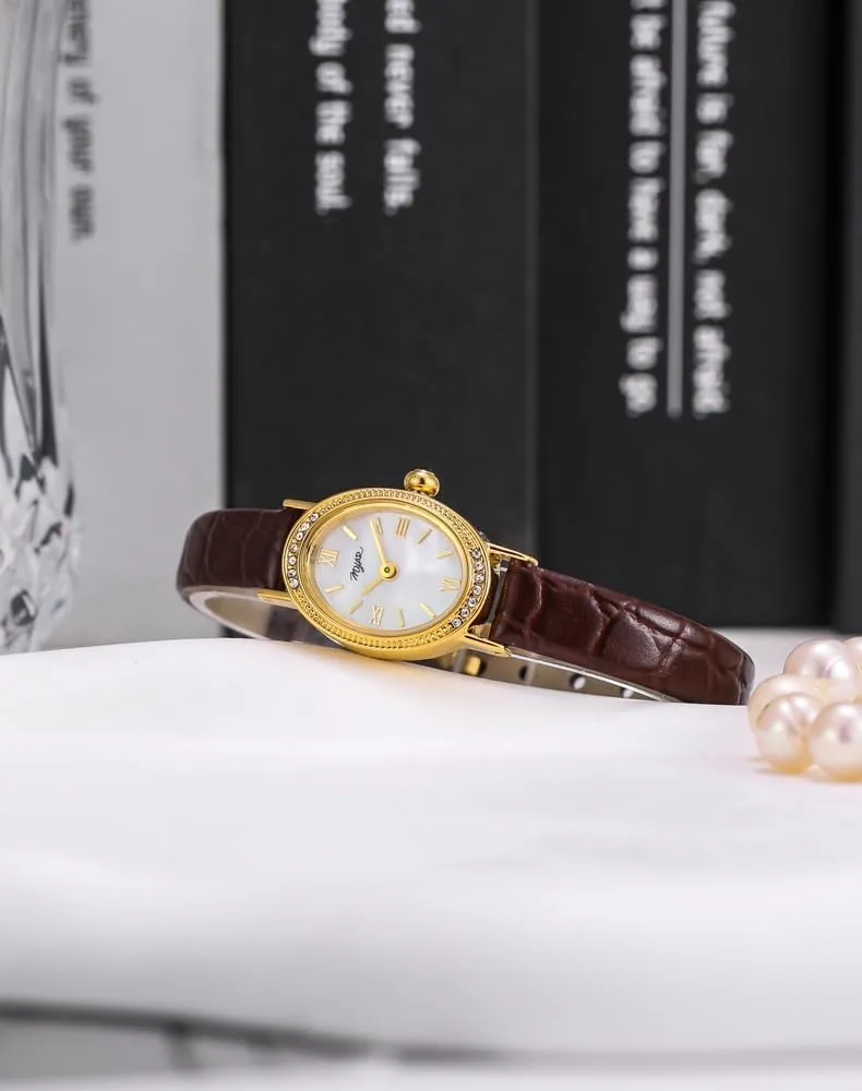 MASTOP Vintage Watches for Women  Dainty Oval Analog Wrist Watch with Gold Case, Leather Band, Small Dress Watch for Ladies