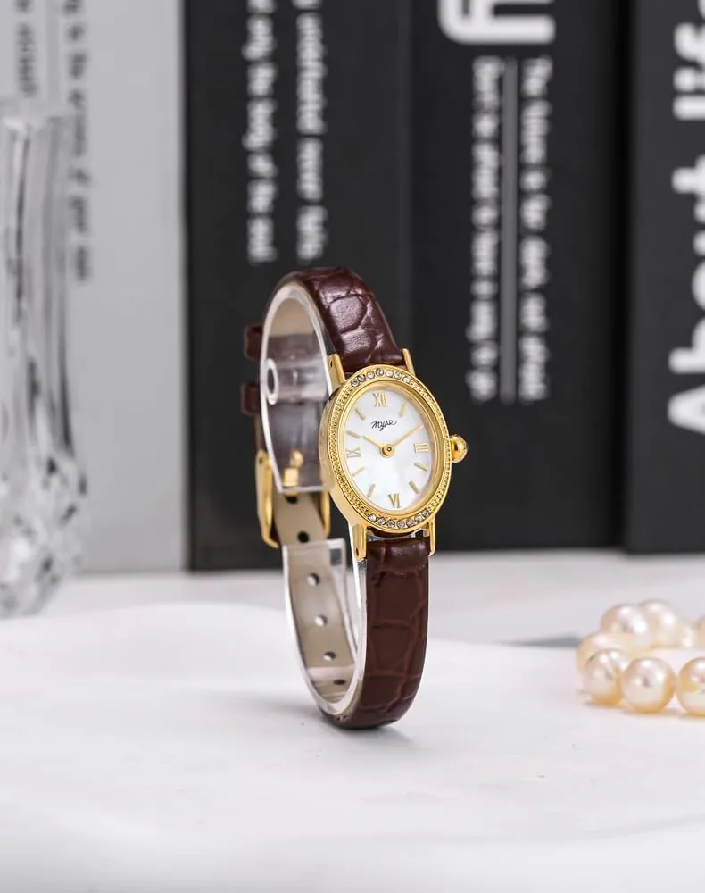 MASTOP Vintage Watches for Women  Dainty Oval Analog Wrist Watch with Gold Case, Leather Band, Small Dress Watch for Ladies