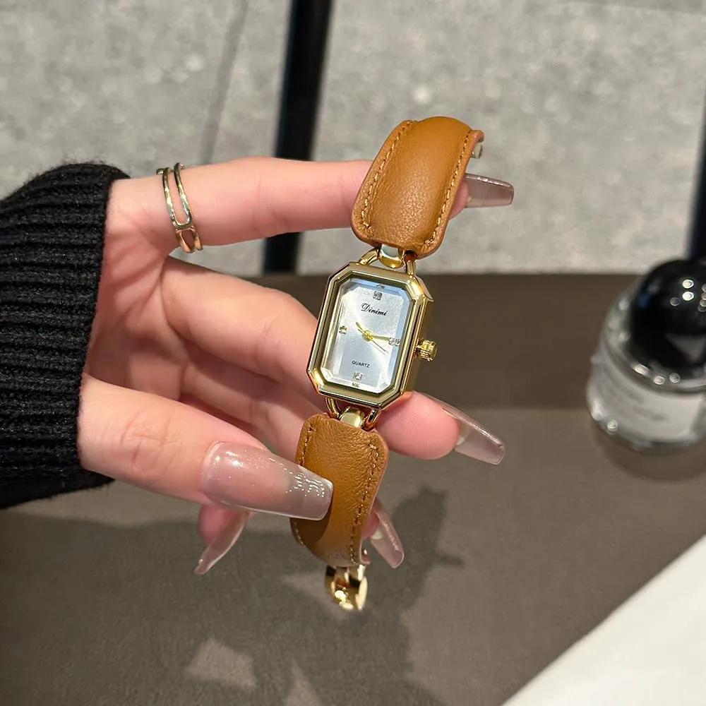 MASTOP Women Watch  Dainty Rectangle Gold Analog Watches for Women with Unique Puffy Strap, Square Vintage Ladies Watch, Small Bangle Wrist Watches for Gift