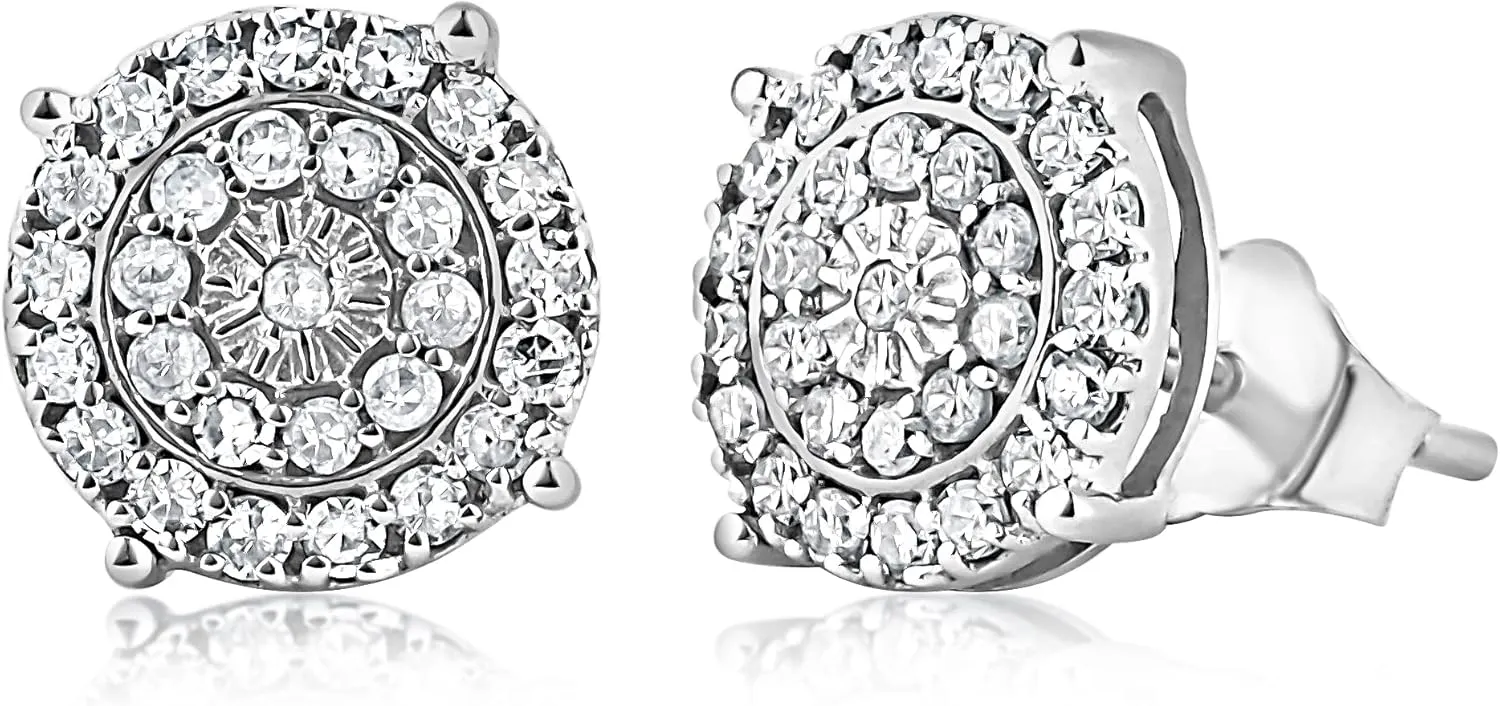 MAX   STONE Solid 10k White Gold Round Diamond Cluster Stud Earrings for Women