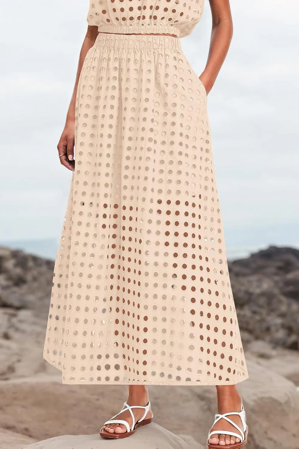 Melliflo Womens Eyelet Hollow Out 2 Piece Outfits Summer Sleeveless Crop Top Elastic High Waist Maxi Skirt Set Beachwear