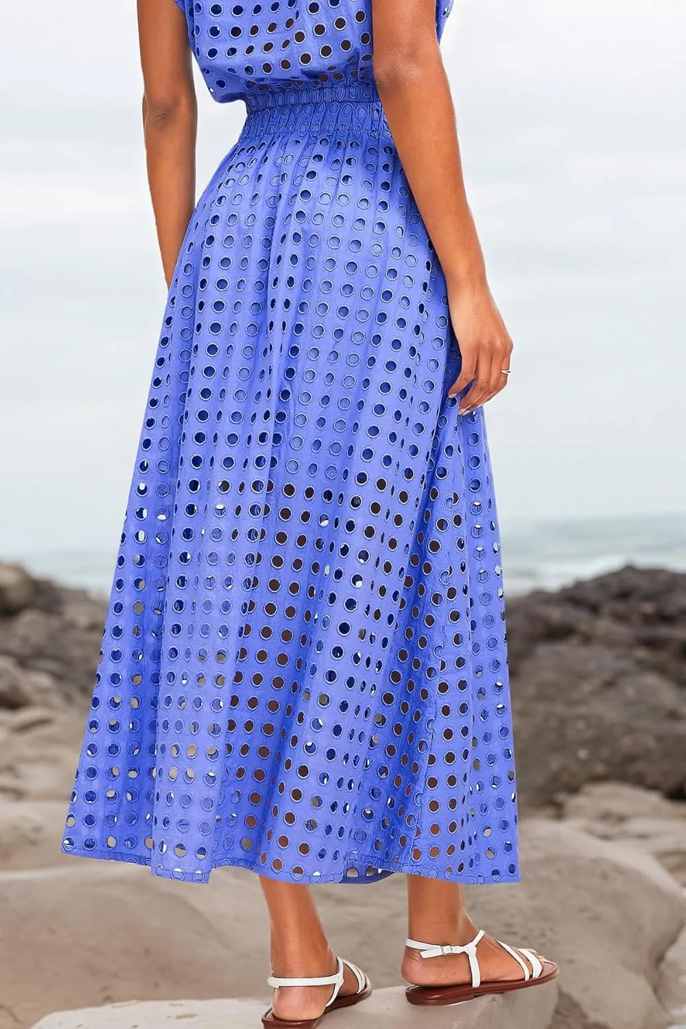 Melliflo Womens Eyelet Hollow Out 2 Piece Outfits Summer Sleeveless Crop Top Elastic High Waist Maxi Skirt Set Beachwear