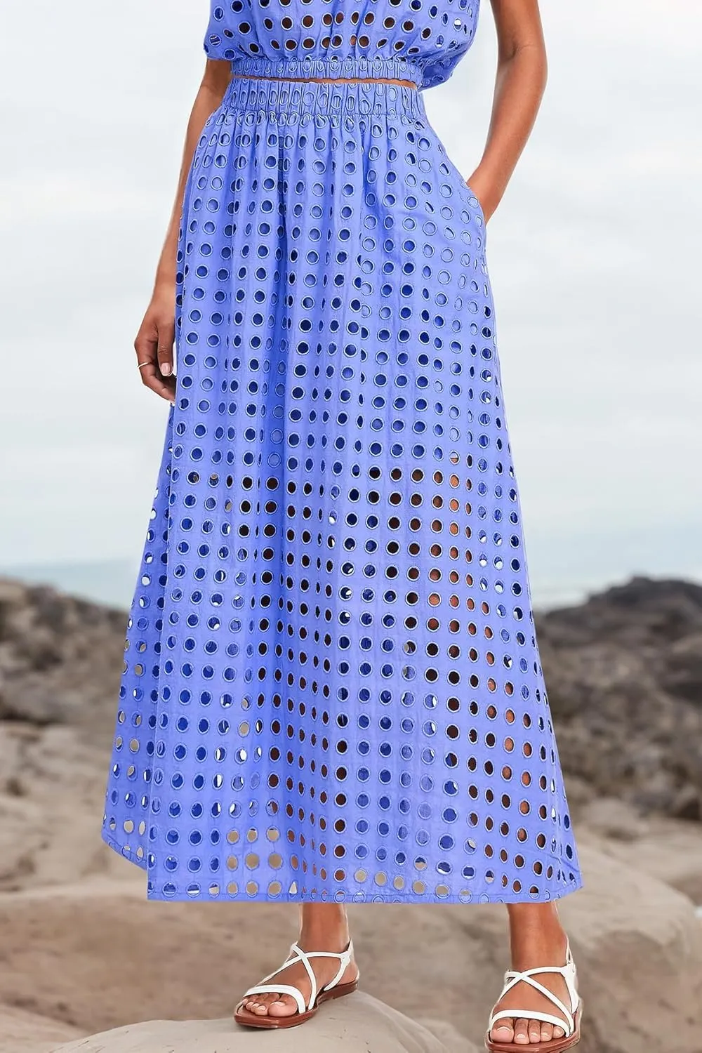 Melliflo Womens Eyelet Hollow Out 2 Piece Outfits Summer Sleeveless Crop Top Elastic High Waist Maxi Skirt Set Beachwear