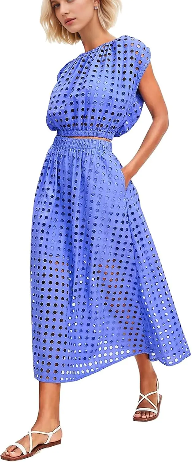 Melliflo Womens Eyelet Hollow Out 2 Piece Outfits Summer Sleeveless Crop Top Elastic High Waist Maxi Skirt Set Beachwear