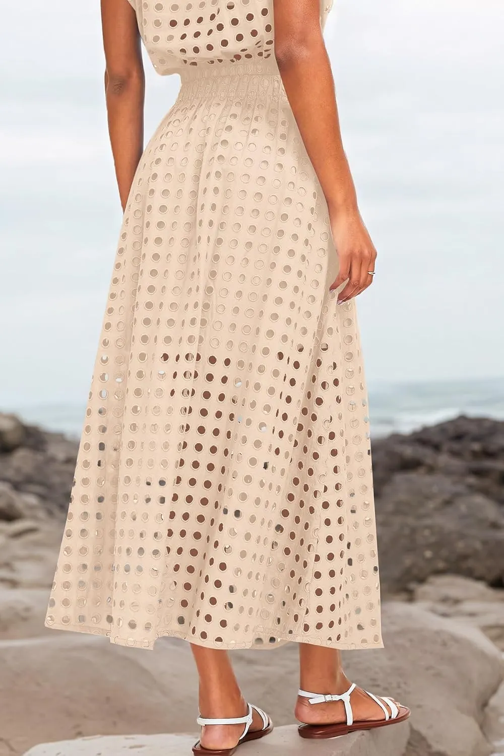 Melliflo Womens Eyelet Hollow Out 2 Piece Outfits Summer Sleeveless Crop Top Elastic High Waist Maxi Skirt Set Beachwear