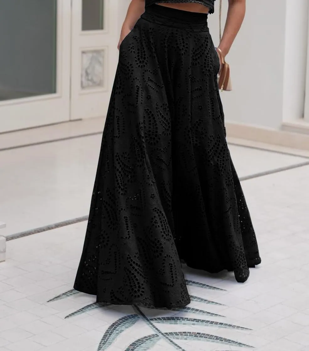 Melliflo Womens Summer Eyelet Long Skirt High Waist Elastic Cotton Maxi Skirt with Pockets Nightclub Party Dress