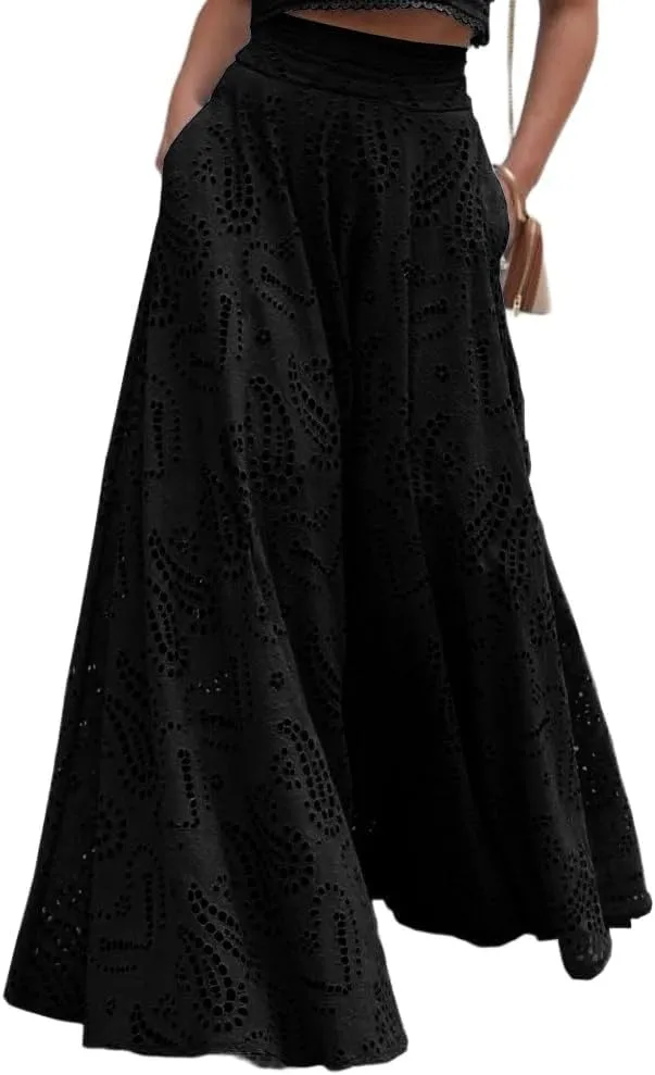 Melliflo Womens Summer Eyelet Long Skirt High Waist Elastic Cotton Maxi Skirt with Pockets Nightclub Party Dress