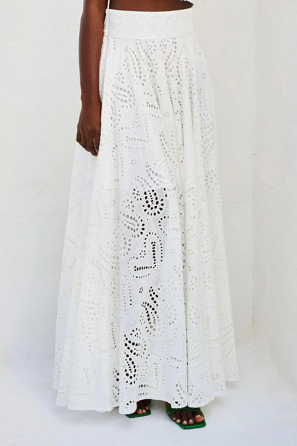 Melliflo Womens Summer Eyelet Long Skirt High Waist Elastic Cotton Maxi Skirt with Pockets Nightclub Party Dress