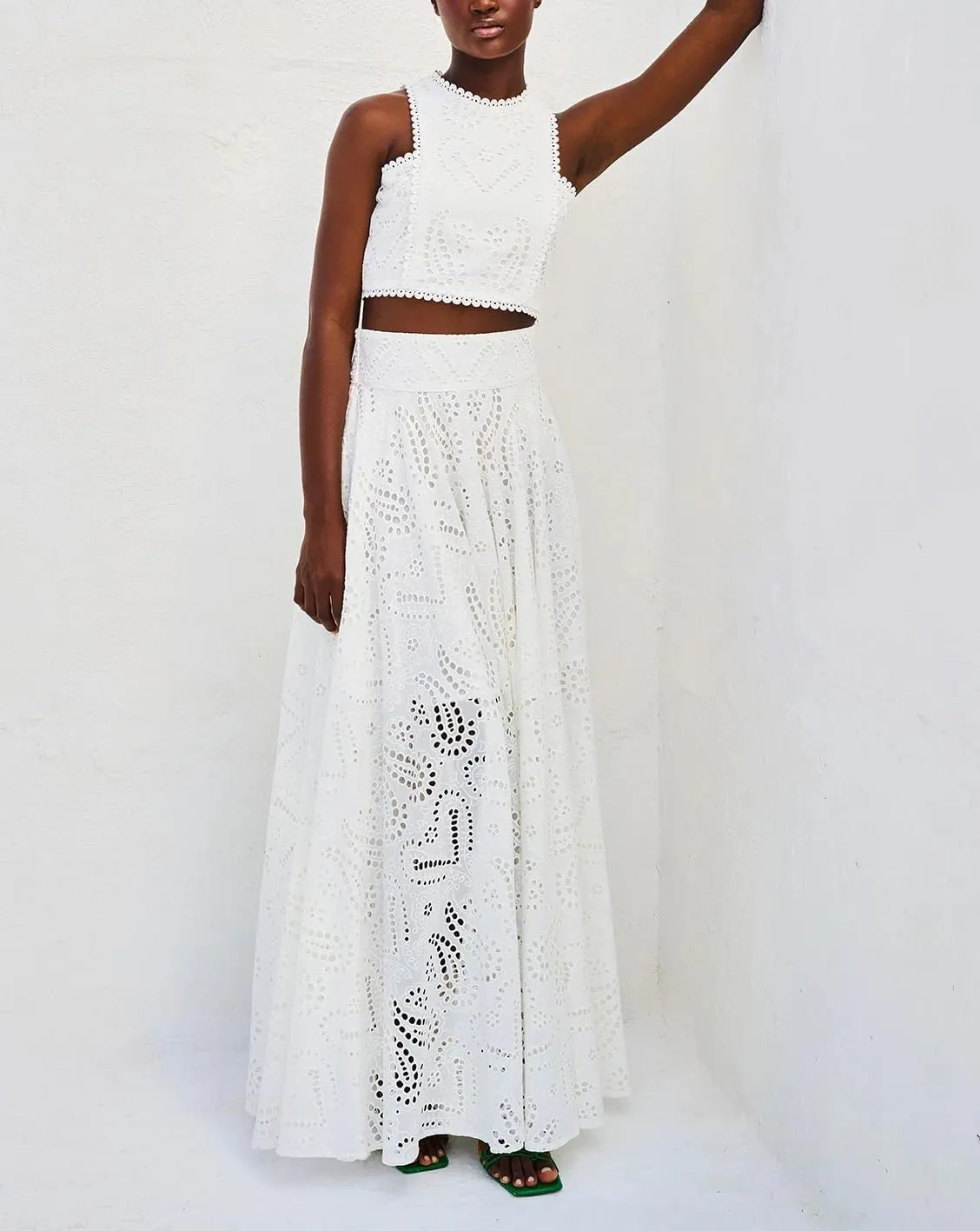Melliflo Womens Summer Eyelet Long Skirt High Waist Elastic Cotton Maxi Skirt with Pockets Nightclub Party Dress