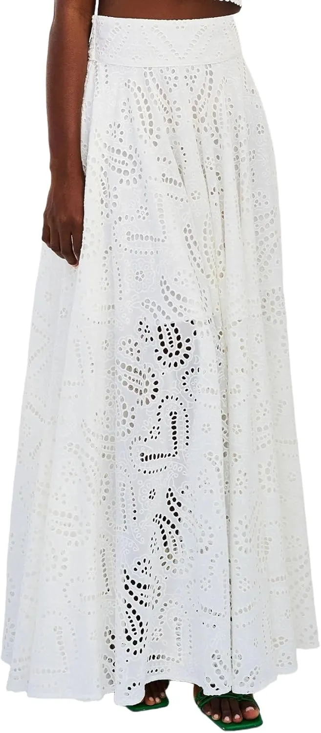 Melliflo Womens Summer Eyelet Long Skirt High Waist Elastic Cotton Maxi Skirt with Pockets Nightclub Party Dress