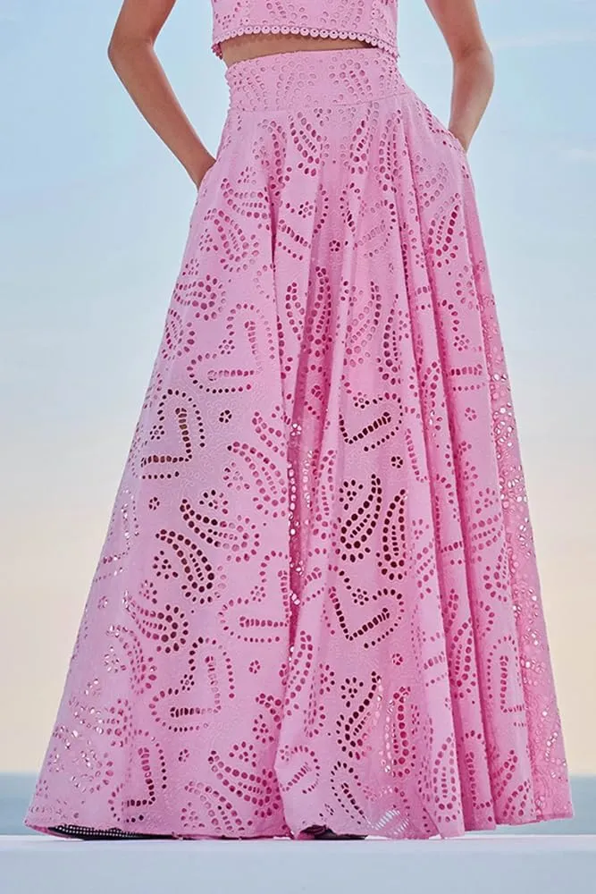 Melliflo Womens Summer Eyelet Long Skirt High Waist Elastic Cotton Maxi Skirt with Pockets Nightclub Party Dress