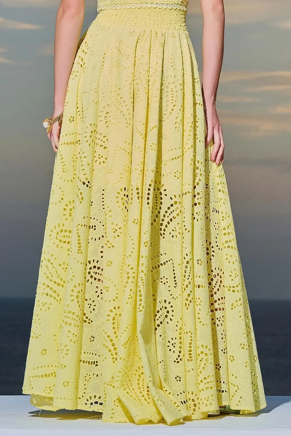 Melliflo Womens Summer Eyelet Long Skirt High Waist Elastic Cotton Maxi Skirt with Pockets Nightclub Party Dress