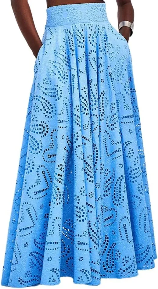 Melliflo Womens Summer Eyelet Long Skirt High Waist Elastic Cotton Maxi Skirt with Pockets Nightclub Party Dress