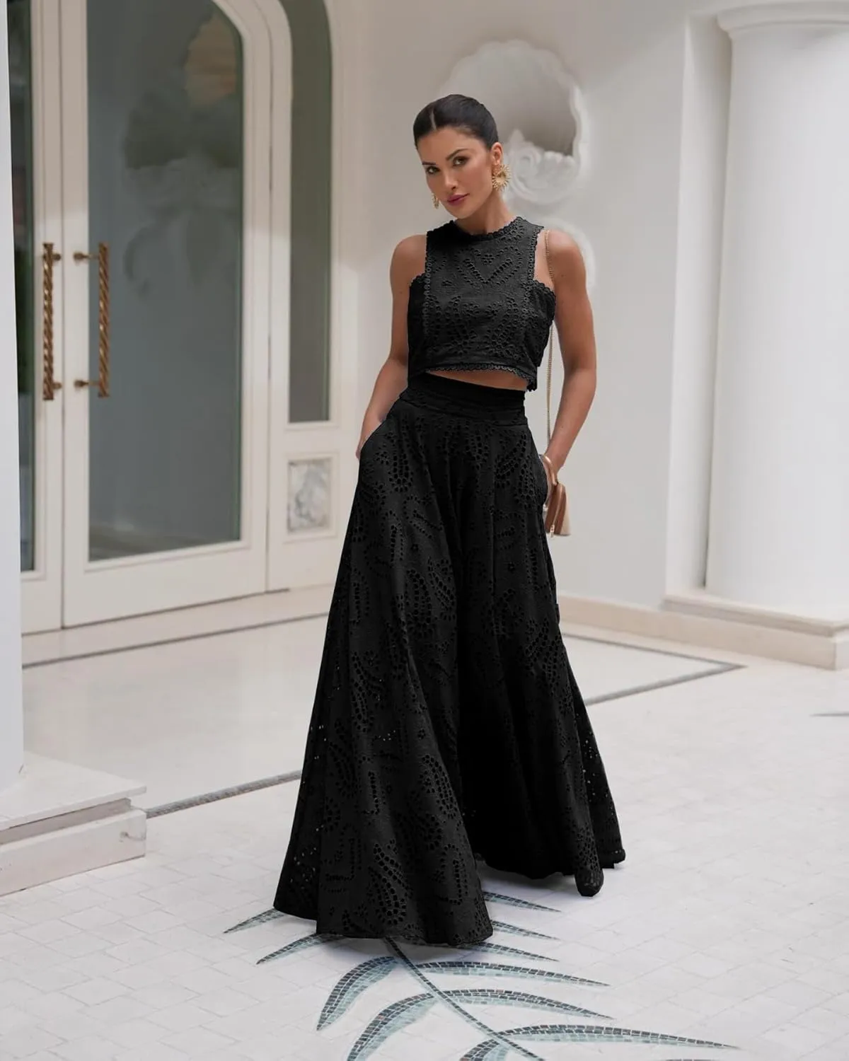 Melliflo Womens Summer Eyelet Long Skirt High Waist Elastic Cotton Maxi Skirt with Pockets Nightclub Party Dress