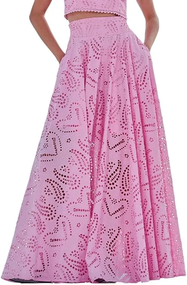 Melliflo Womens Summer Eyelet Long Skirt High Waist Elastic Cotton Maxi Skirt with Pockets Nightclub Party Dress