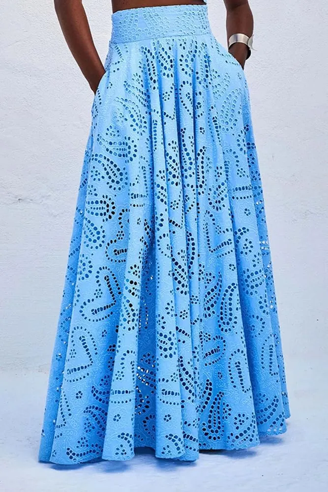 Melliflo Womens Summer Eyelet Long Skirt High Waist Elastic Cotton Maxi Skirt with Pockets Nightclub Party Dress