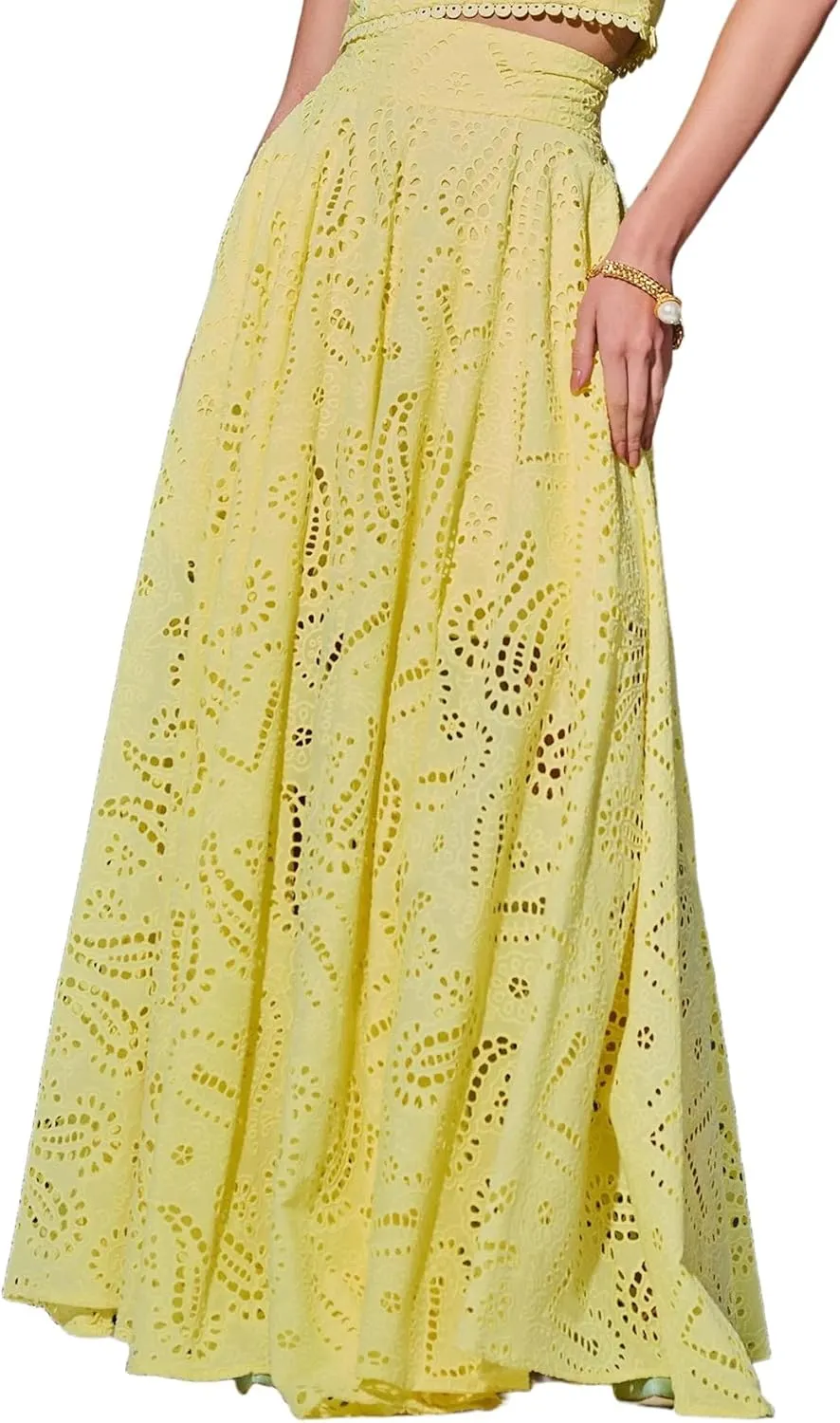 Melliflo Womens Summer Eyelet Long Skirt High Waist Elastic Cotton Maxi Skirt with Pockets Nightclub Party Dress