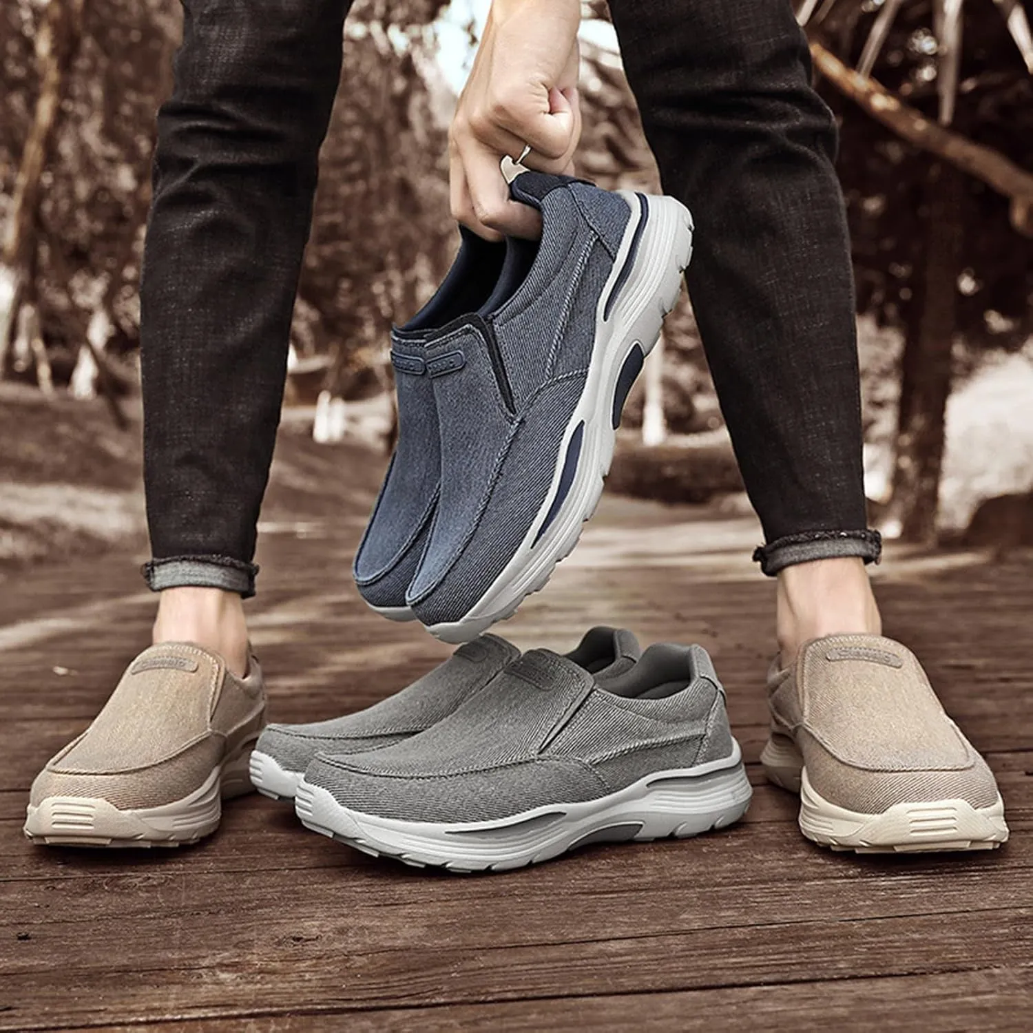 Men's Canvas Platform Arch Support Loafers Comfortable Non Slip Thick Flat Sole Slip-On Width Toe Box Casual Orthopedic Driving Work Walking Shoes