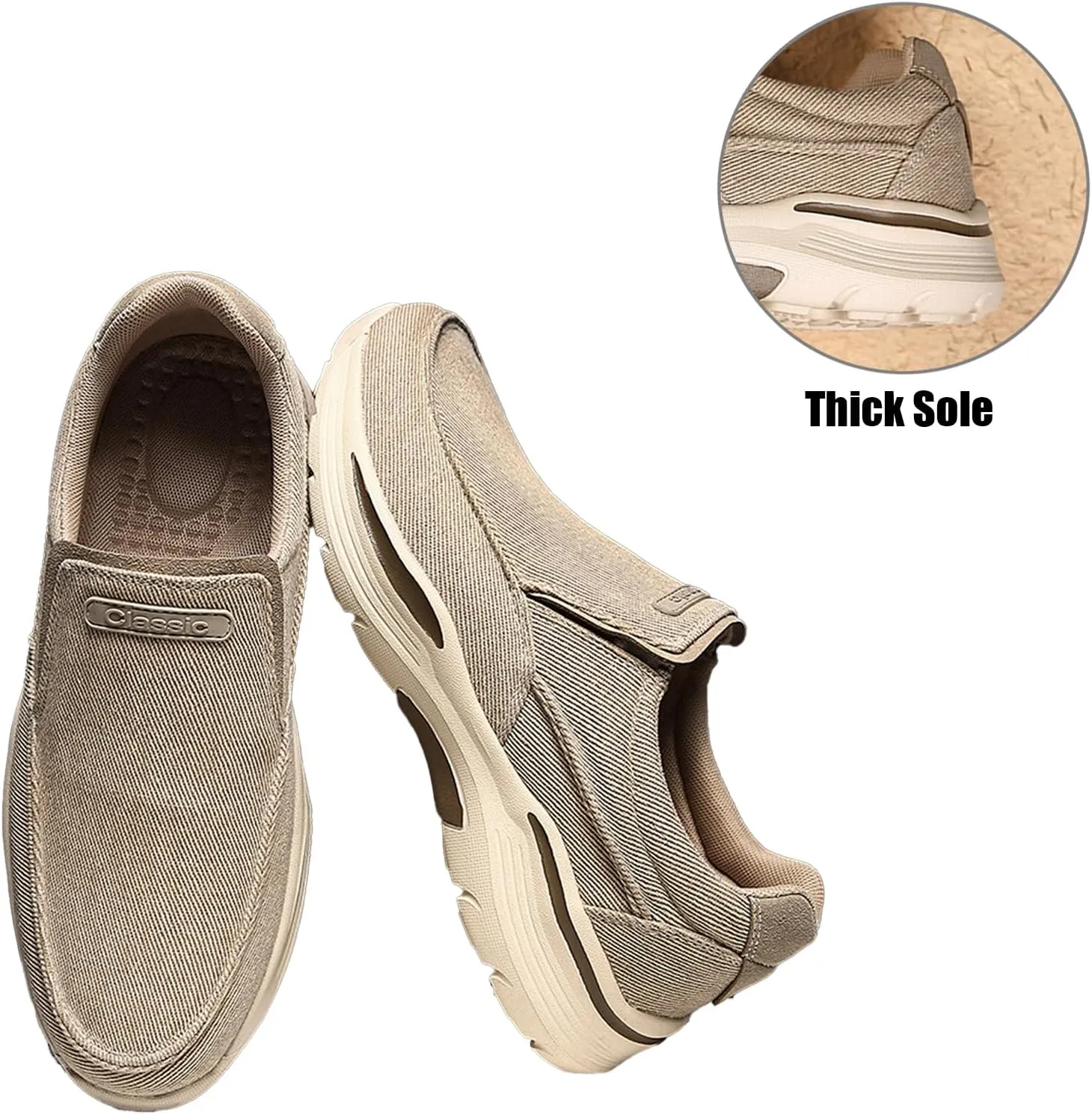 Men's Canvas Platform Arch Support Loafers Comfortable Non Slip Thick Flat Sole Slip-On Width Toe Box Casual Orthopedic Driving Work Walking Shoes
