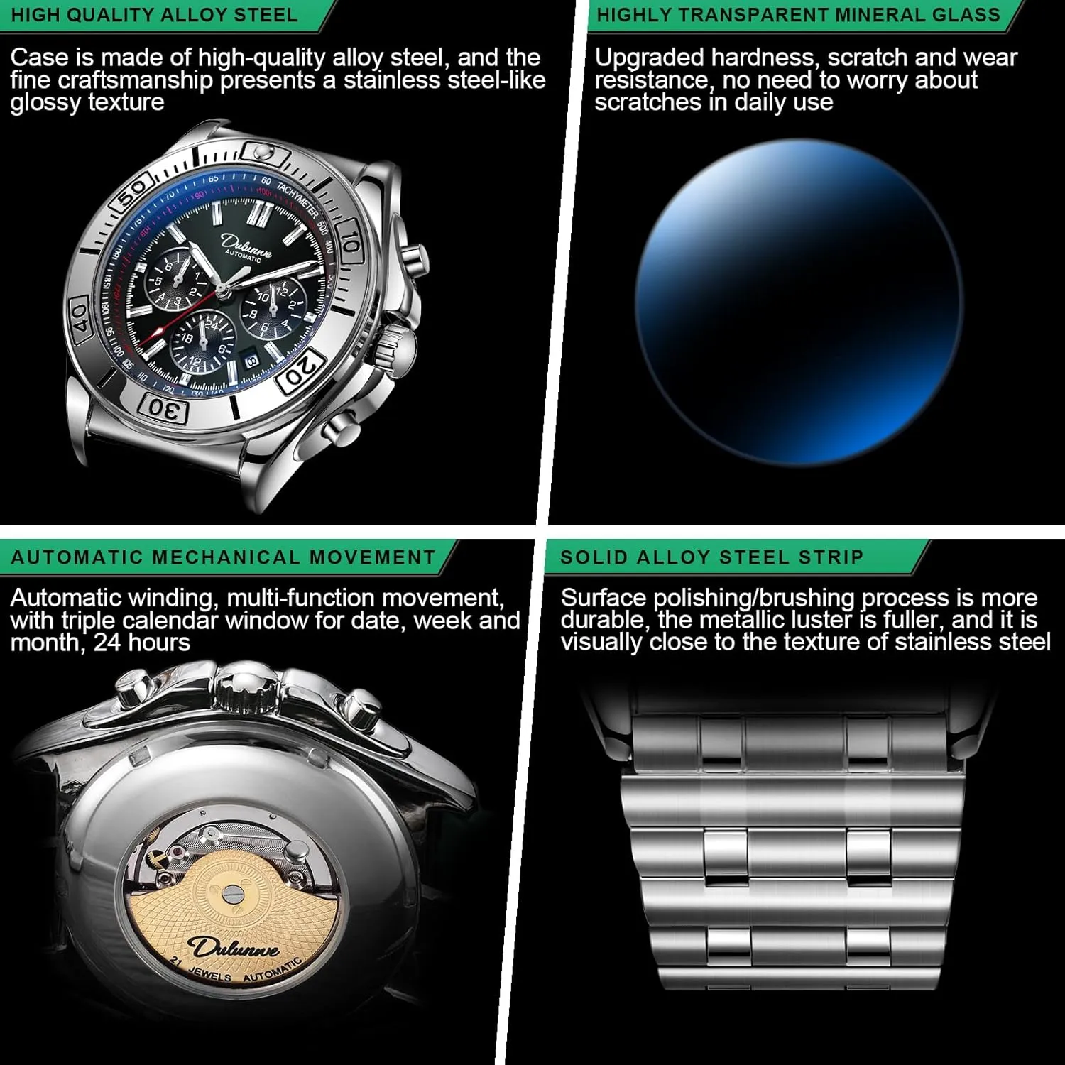 Men's Watch Automatic Winding Mechanical Movement Multi-Function Dial Design, Week and Month and Date and 24 Hours, 30M Waterproof Fashion Business Sports Watches for Men