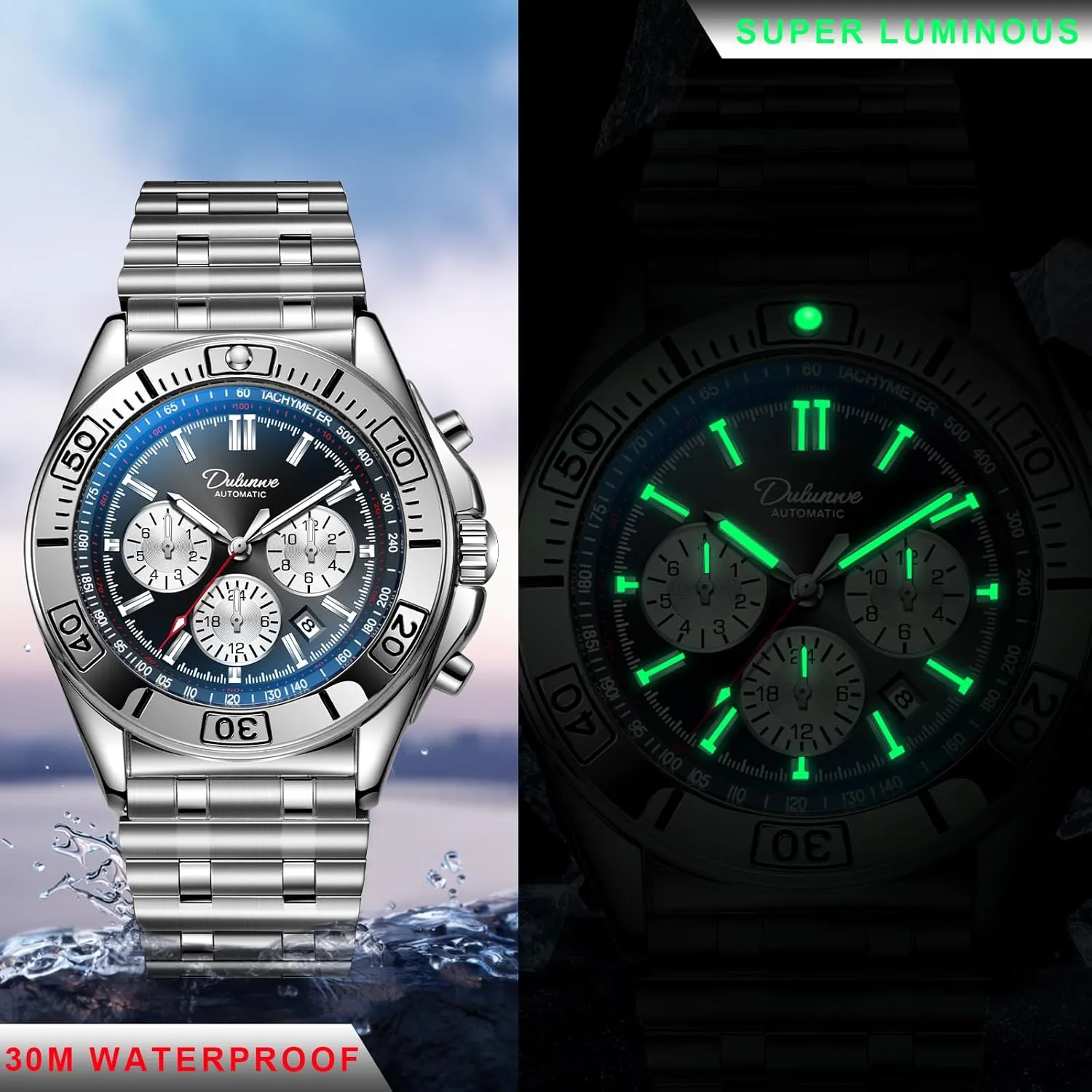 Men's Watch Automatic Winding Mechanical Movement Multi-Function Dial Design, Week and Month and Date and 24 Hours, 30M Waterproof Fashion Business Sports Watches for Men