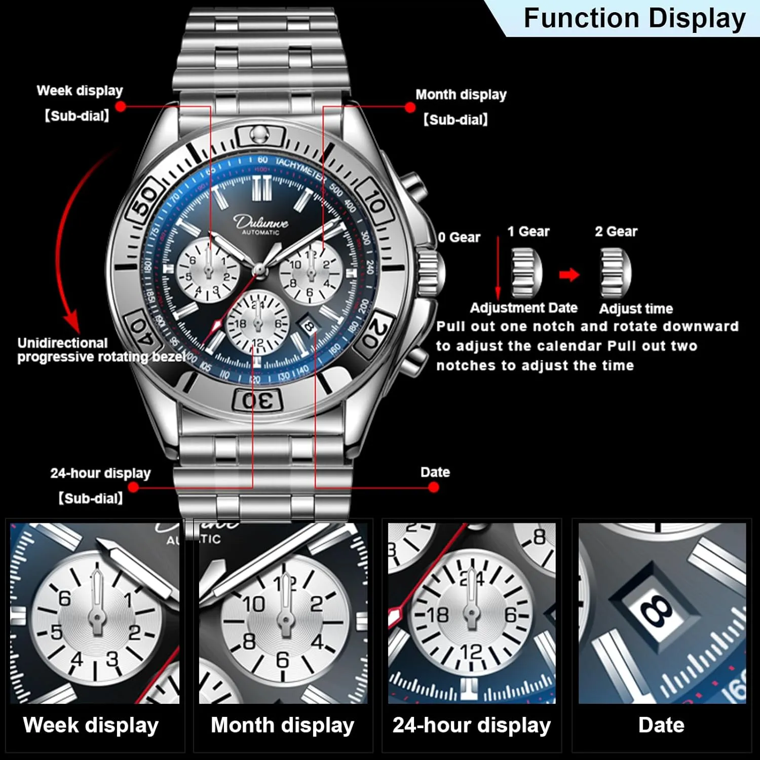 Men's Watch Automatic Winding Mechanical Movement Multi-Function Dial Design, Week and Month and Date and 24 Hours, 30M Waterproof Fashion Business Sports Watches for Men