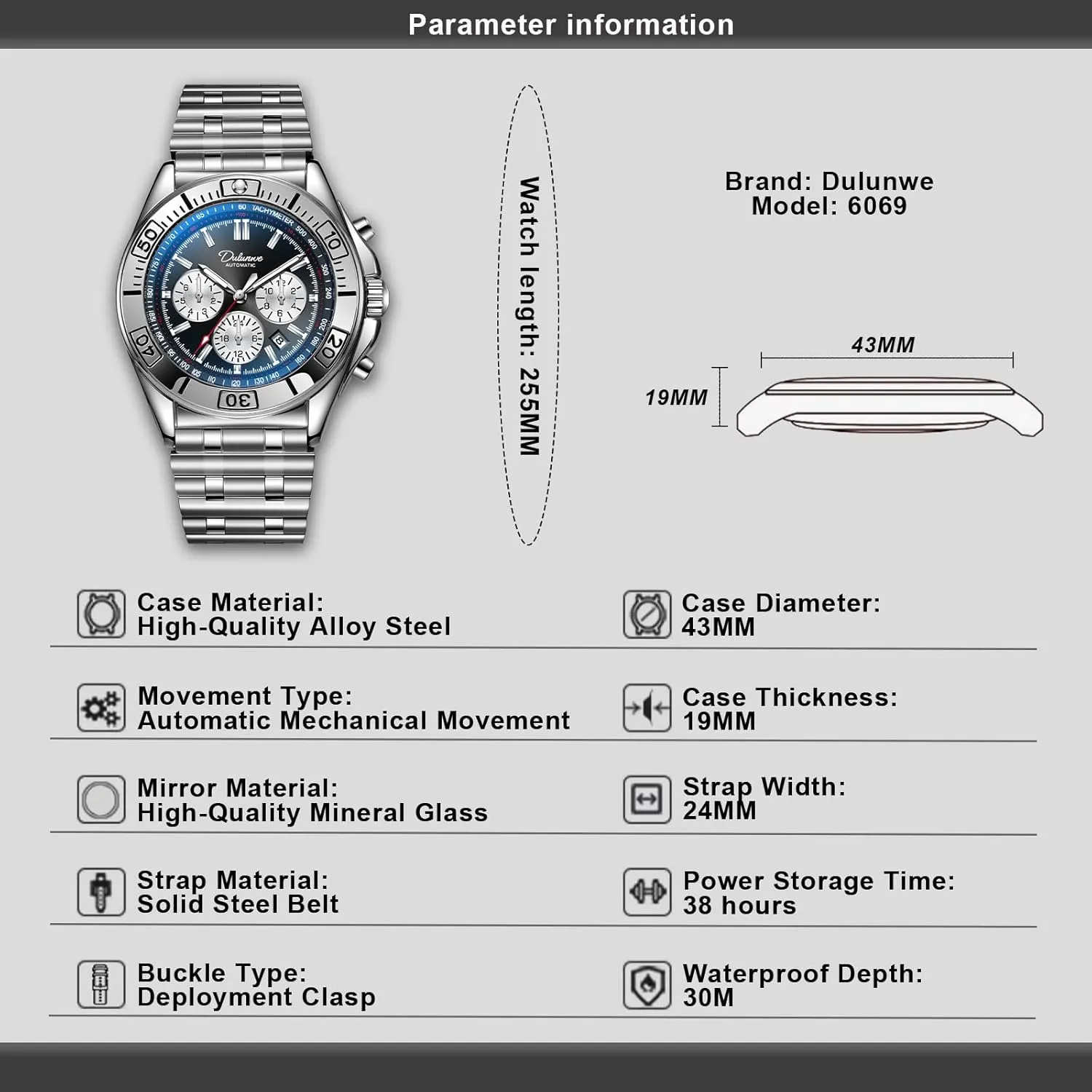 Men's Watch Automatic Winding Mechanical Movement Multi-Function Dial Design, Week and Month and Date and 24 Hours, 30M Waterproof Fashion Business Sports Watches for Men