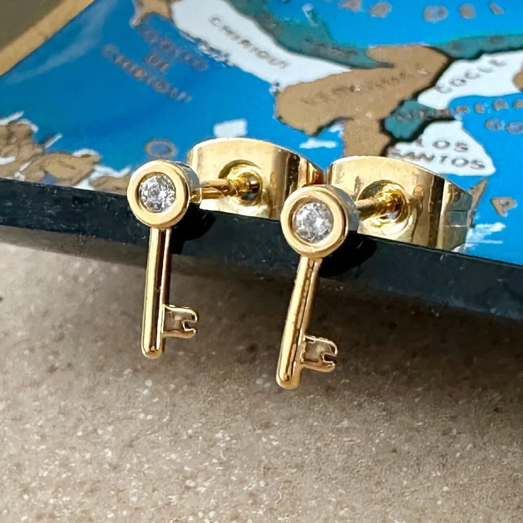 Mini Key Crystal Bezel Mini Dainty Stacking Stud Earrings in Gold, Rose Gold, Silver by Honeycat