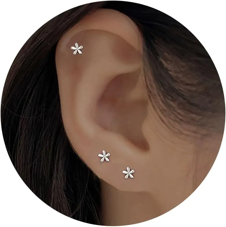 Mini Silver Flower Studs Earrings, 14K White Gold Plated Tiny Daisy Studs Earrings for Women