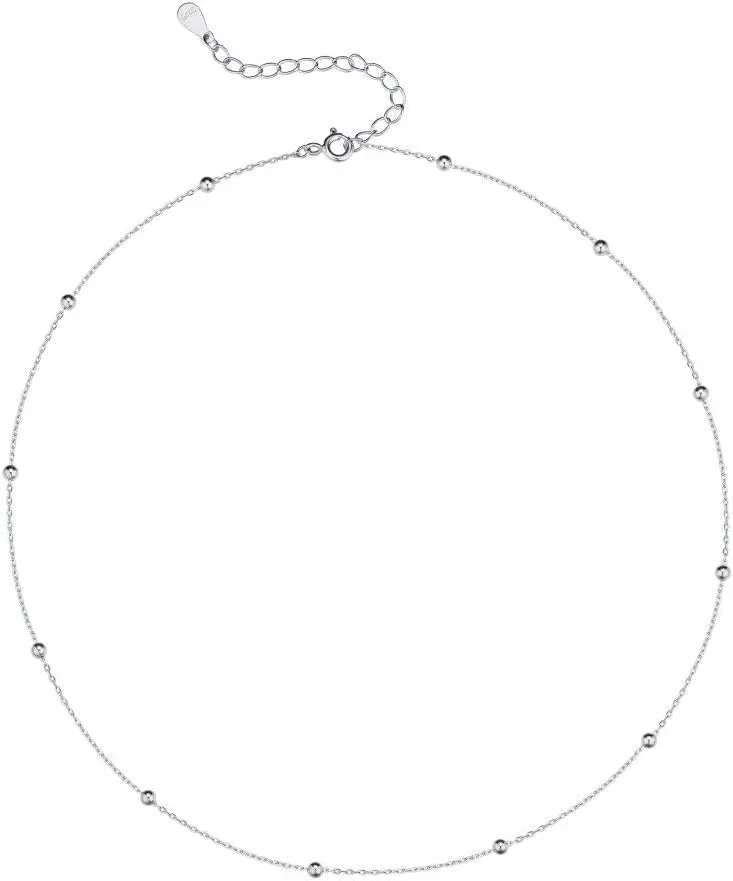 Minimalist Ball Choker Necklace for Women Teen Girls Rose Gold Satellite Beaded Chain Layering Simple Chokers Adjustable (Silver)