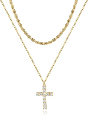 MJartoria Cross Necklace for Women Trendy Dainty Layered Necklaces 14K Gold Plated Cross Pendant Necklaces Simple Jewelry Gifts
